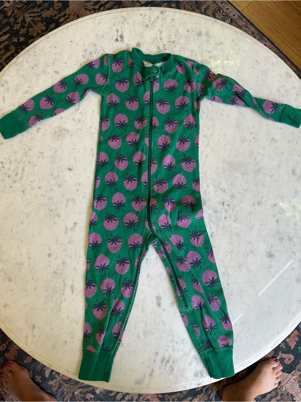 Hanna Andersson Green Footless One-Piece Pajama with Pink Strawberry Print